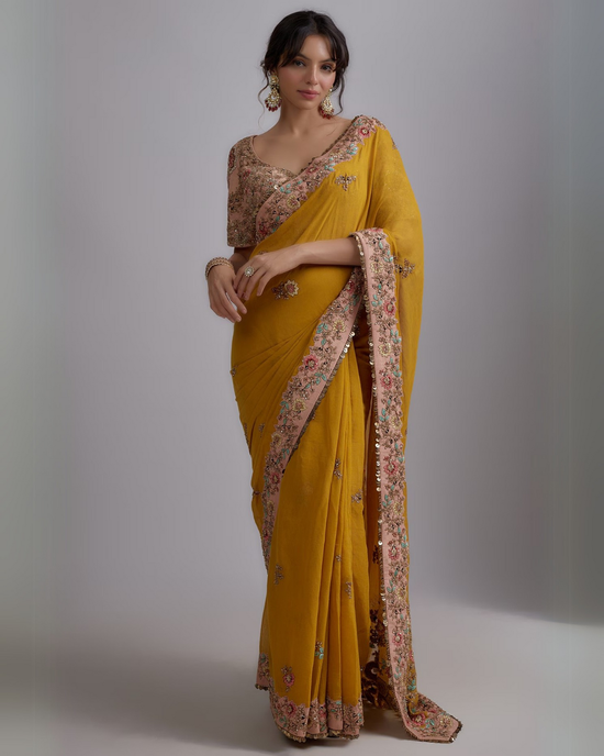 Mustard Tissue Embroidered Draped Saree