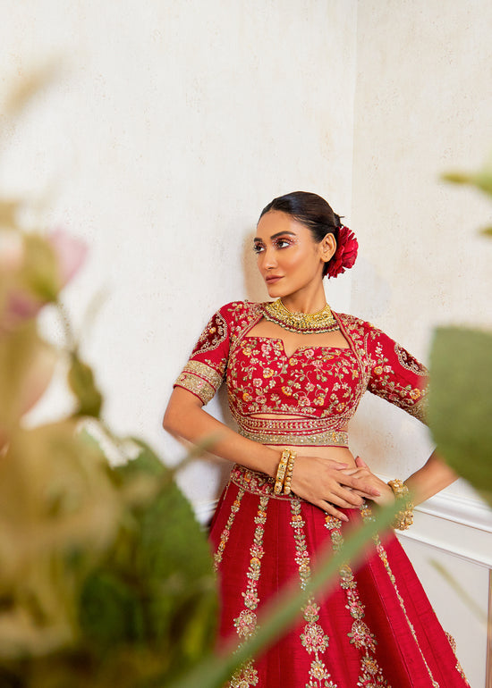 Majestic Maroon Raw Silk Zardosi Bridal Lehenga Set