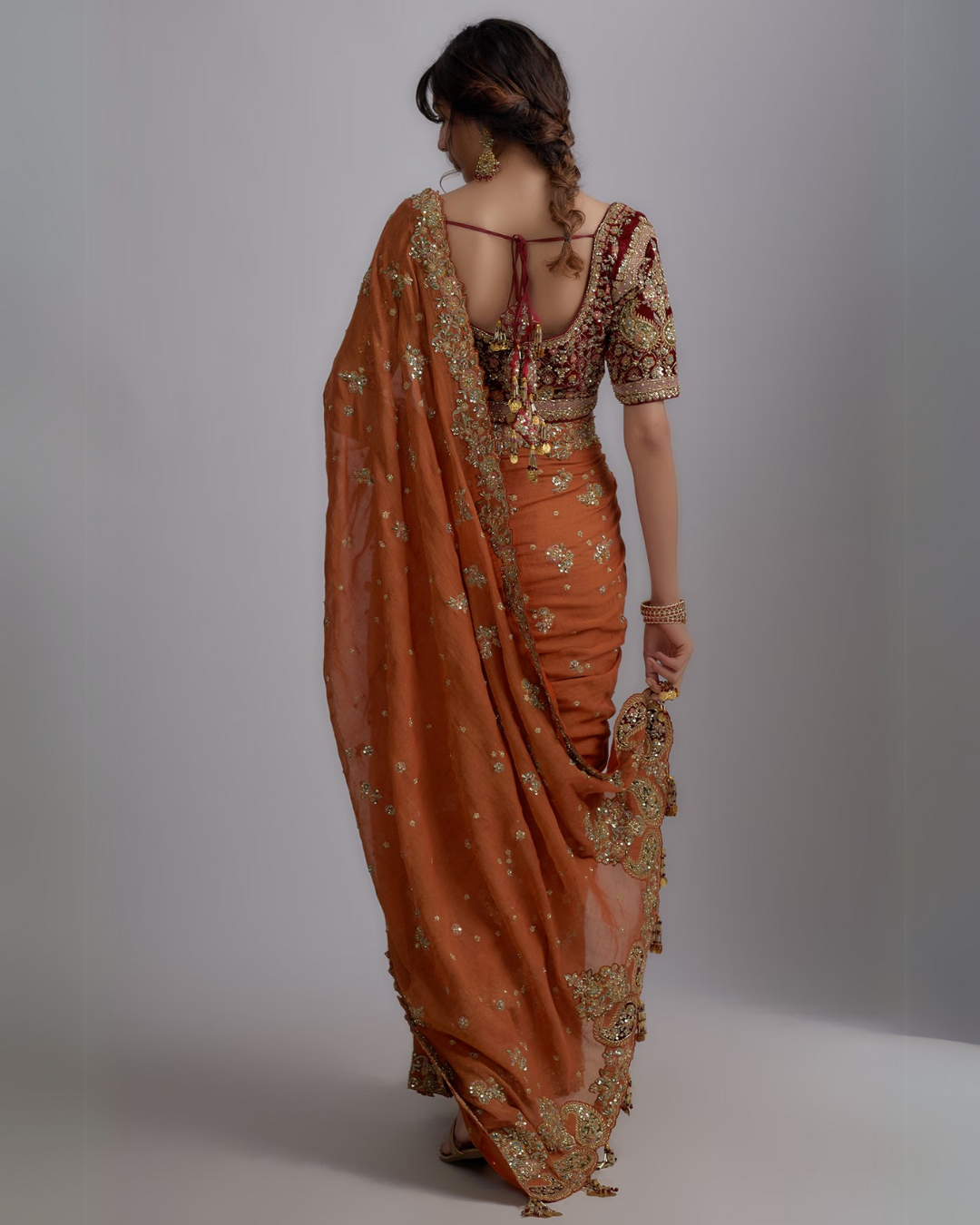 Rust Chanderi Tissue Embroidered Saree