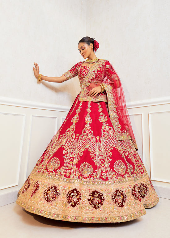 Majestic Maroon Raw Silk Zardosi Bridal Lehenga Set