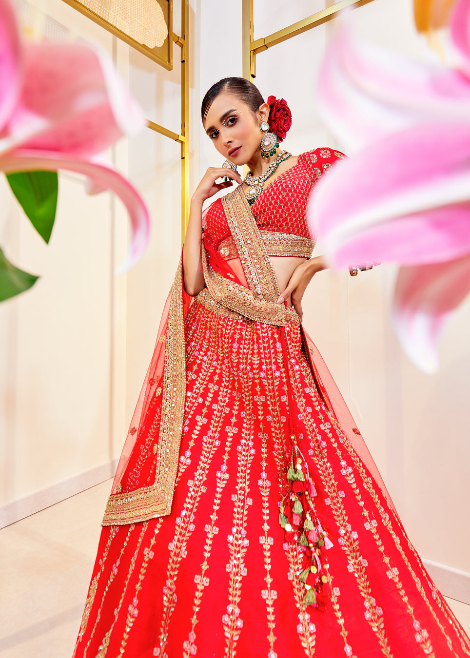 Crimson Allure Raw Silk Zardosi Bridal Lehenga Set
