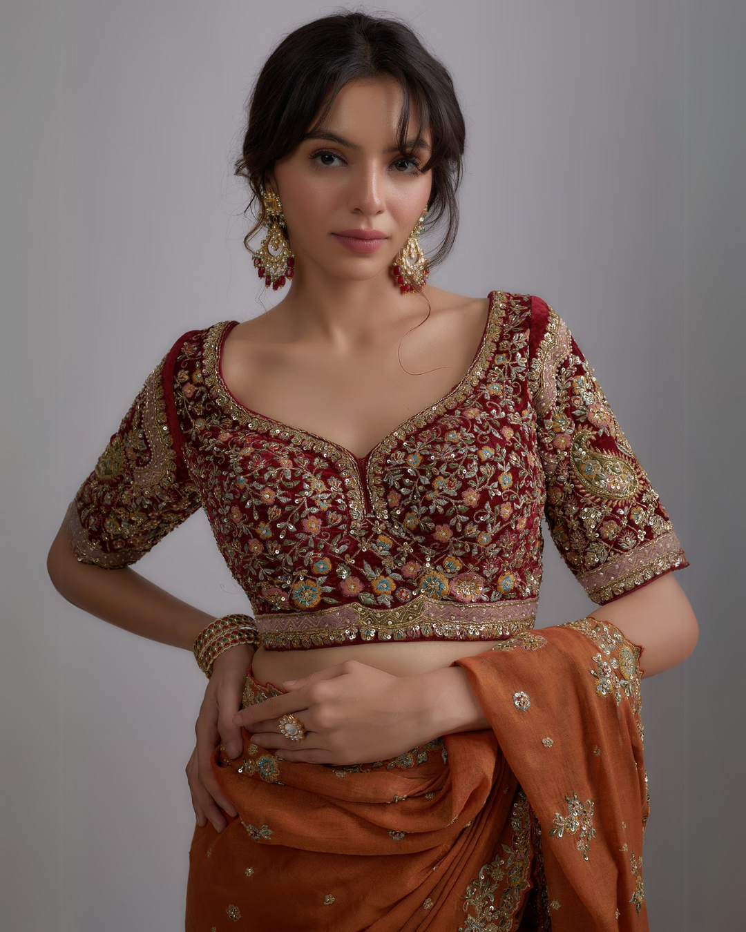 Rust Chanderi Tissue Embroidered Saree