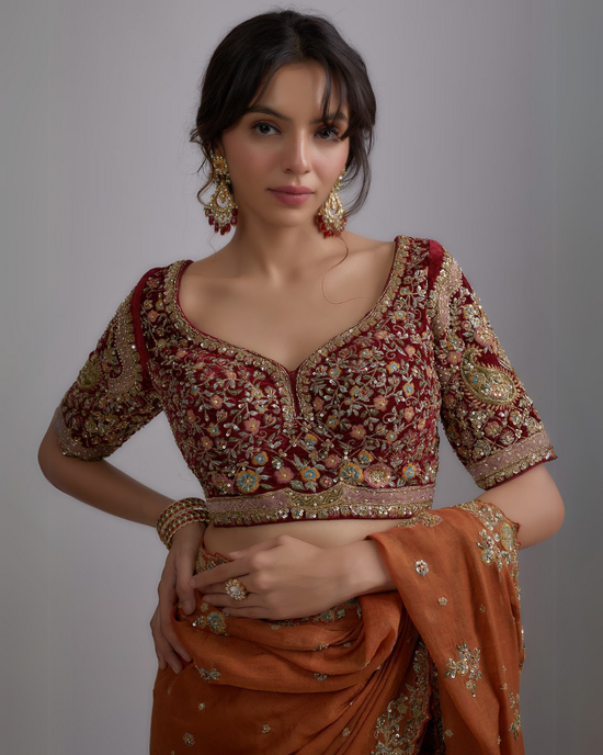 Rust Chanderi Tissue Embroidered Saree