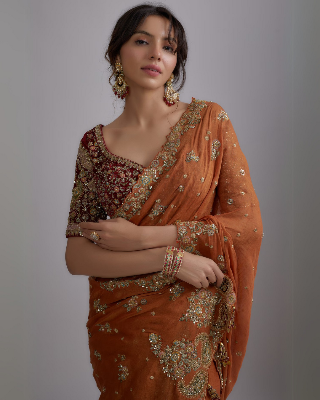 Rust Chanderi Tissue Embroidered Saree