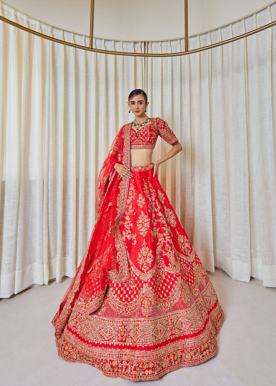 Fiery Rose Raw Silk Zardosi Bridal Lehenga Set