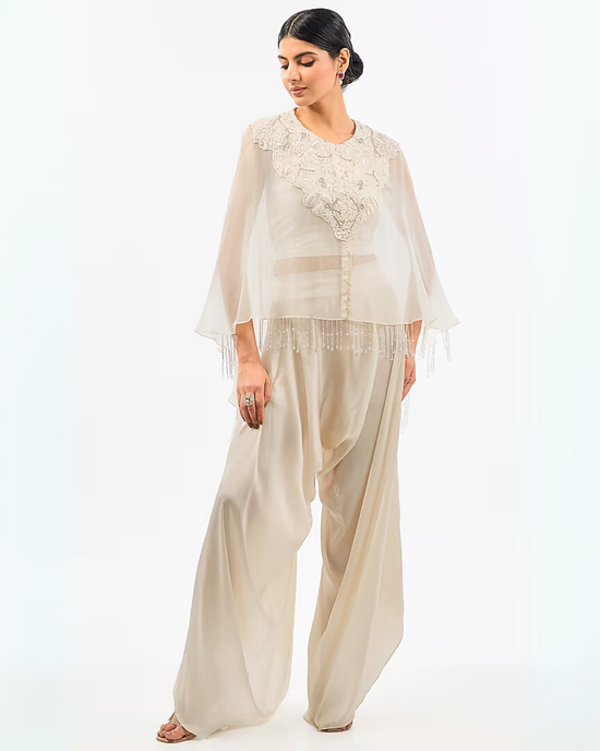 IVORY NECK WORK ORGANZA DHOTI SET