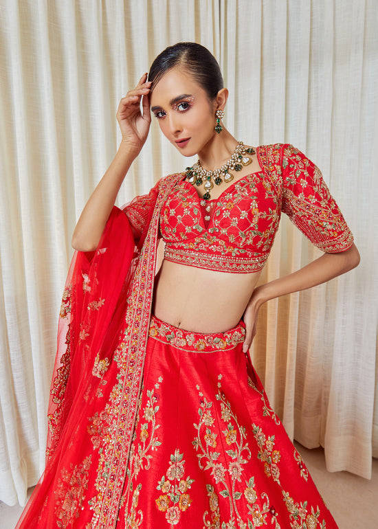 Fiery Rose Raw Silk Zardosi Bridal Lehenga Set