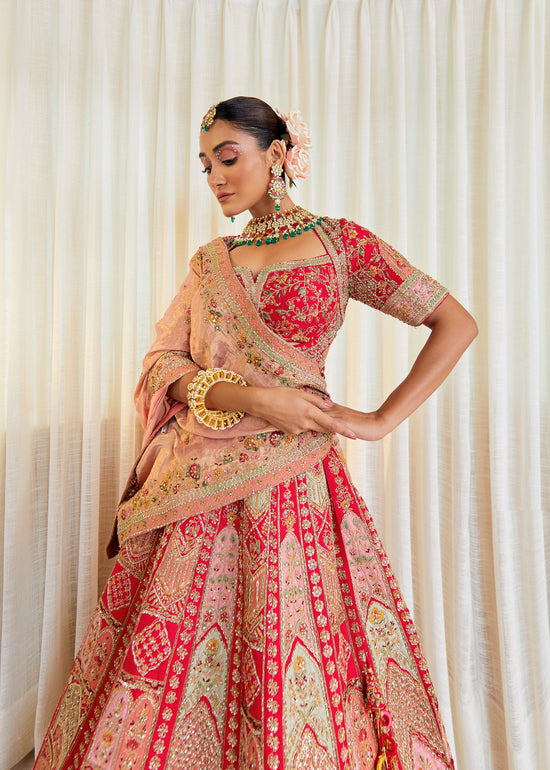 Cherry Blossom Glow Raw Silk Zardosi Bridal Lehenga Set