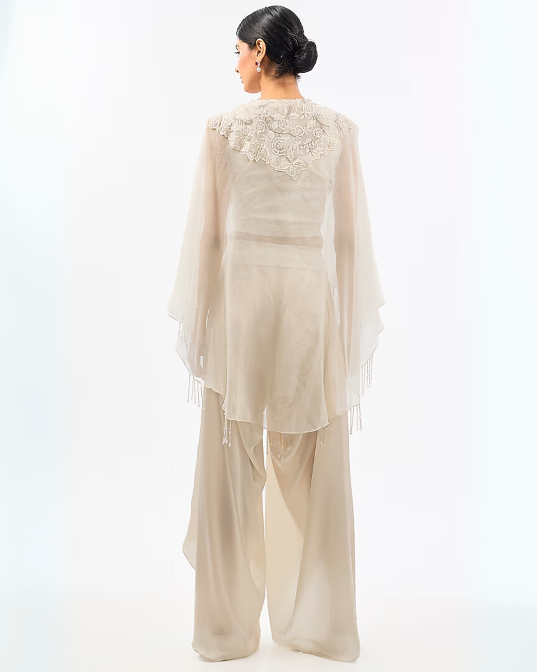 IVORY NECK WORK ORGANZA DHOTI SET