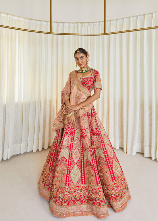 Cherry Blossom Glow Raw Silk Zardosi Bridal Lehenga Set