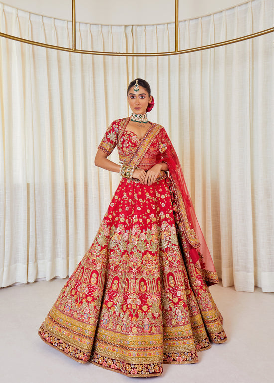 Luxe Vermilion Raw Silk Zardosi Bridal Lehenga Set