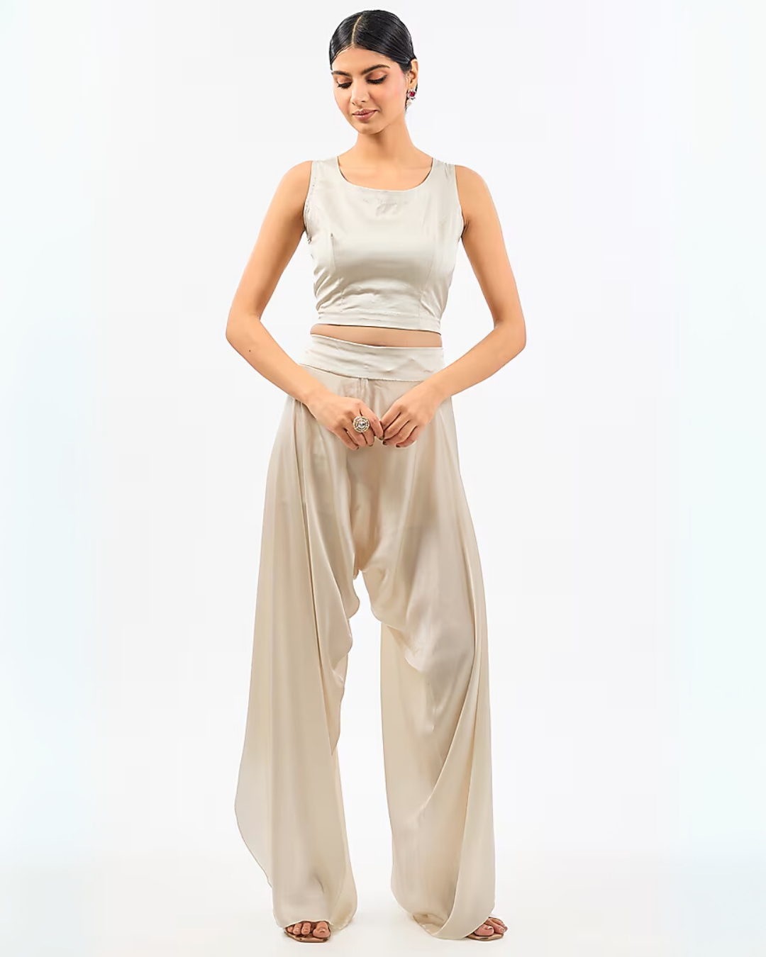IVORY NECK WORK ORGANZA DHOTI SET
