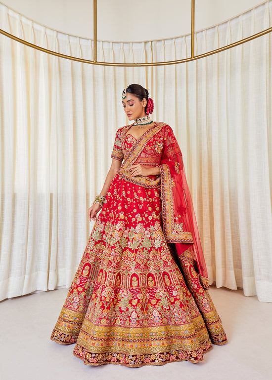 Luxe Vermilion Raw Silk Zardosi Bridal Lehenga Set