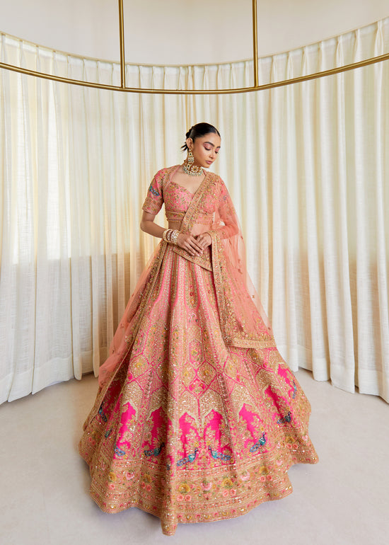 Soft Coral Raw Silk Zardosi Bridal Lehenga Set