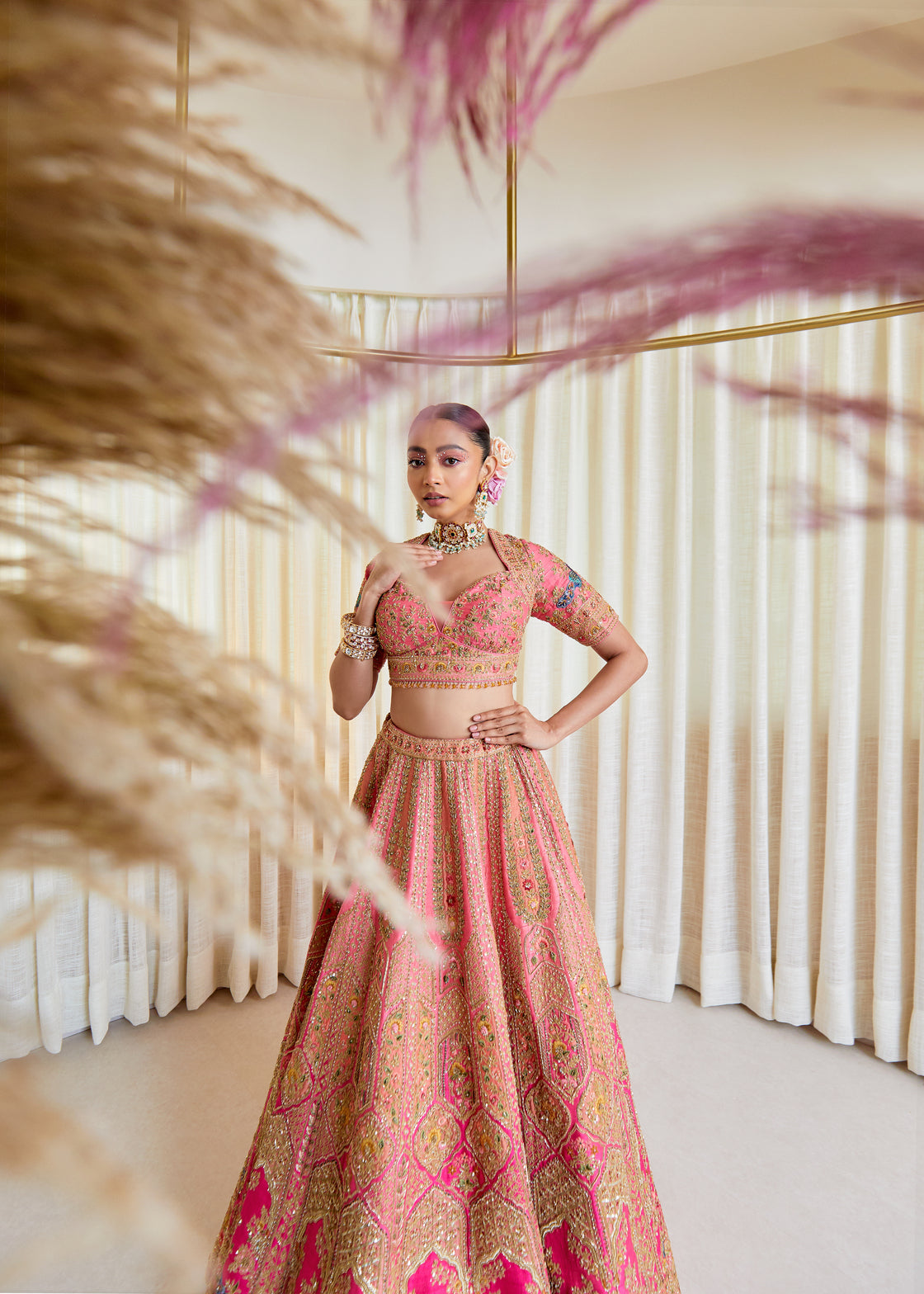 Soft Coral Raw Silk Zardosi Bridal Lehenga Set