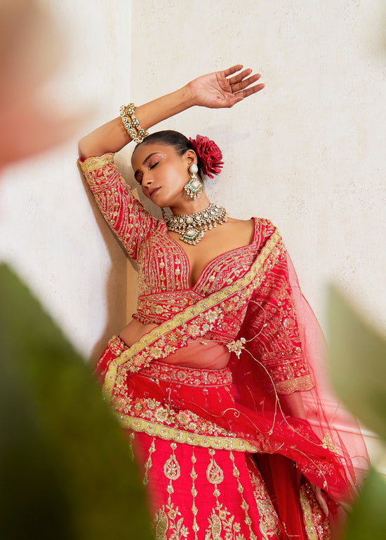 Divine Sangria Raw Silk Zardosi Bridal Lehenga Set