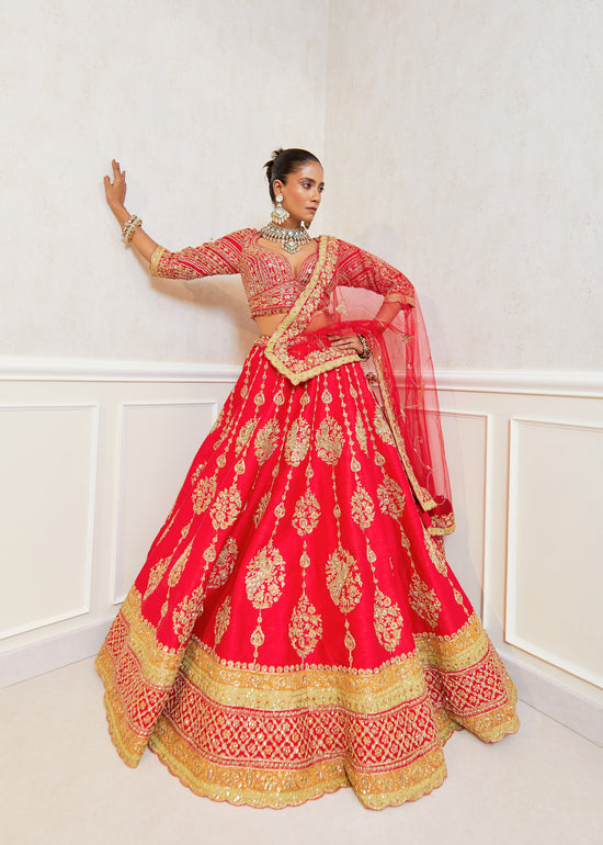 Divine Sangria Raw Silk Zardosi Bridal Lehenga Set