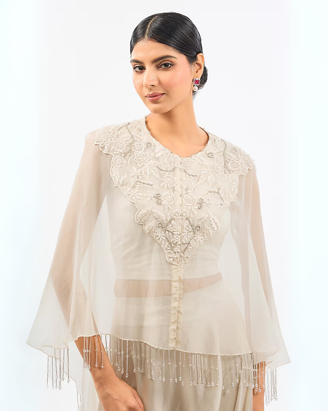 IVORY NECK WORK ORGANZA DHOTI SET