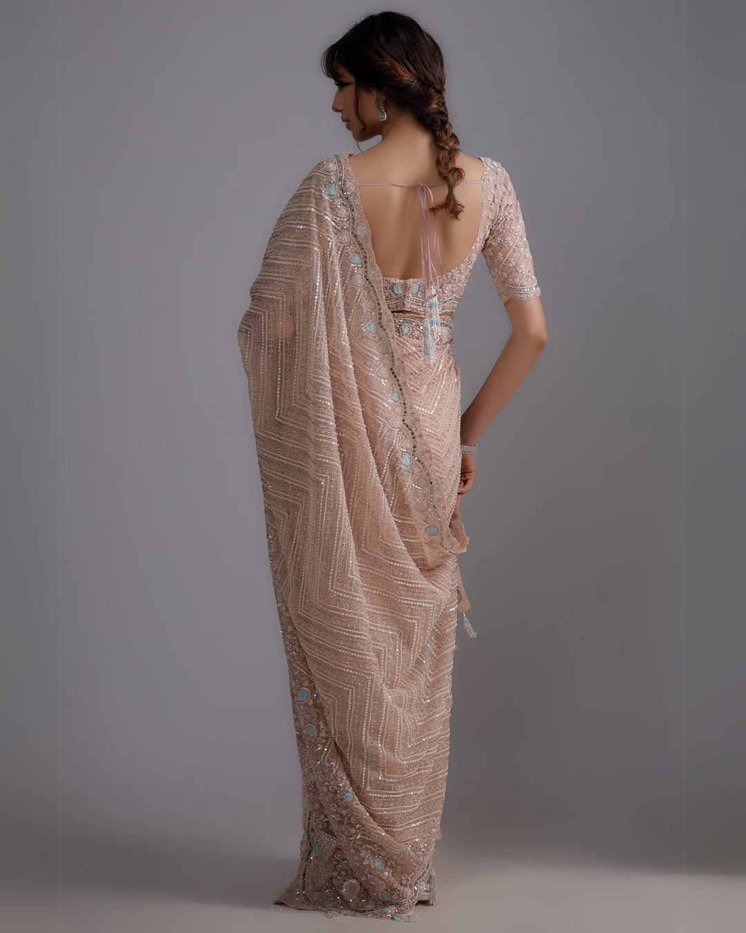 Pink Tulle Embellished Saree