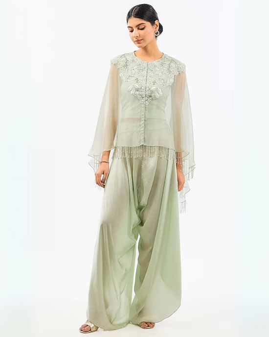 IVORY NECK WORK ORGANZA DHOTI SET