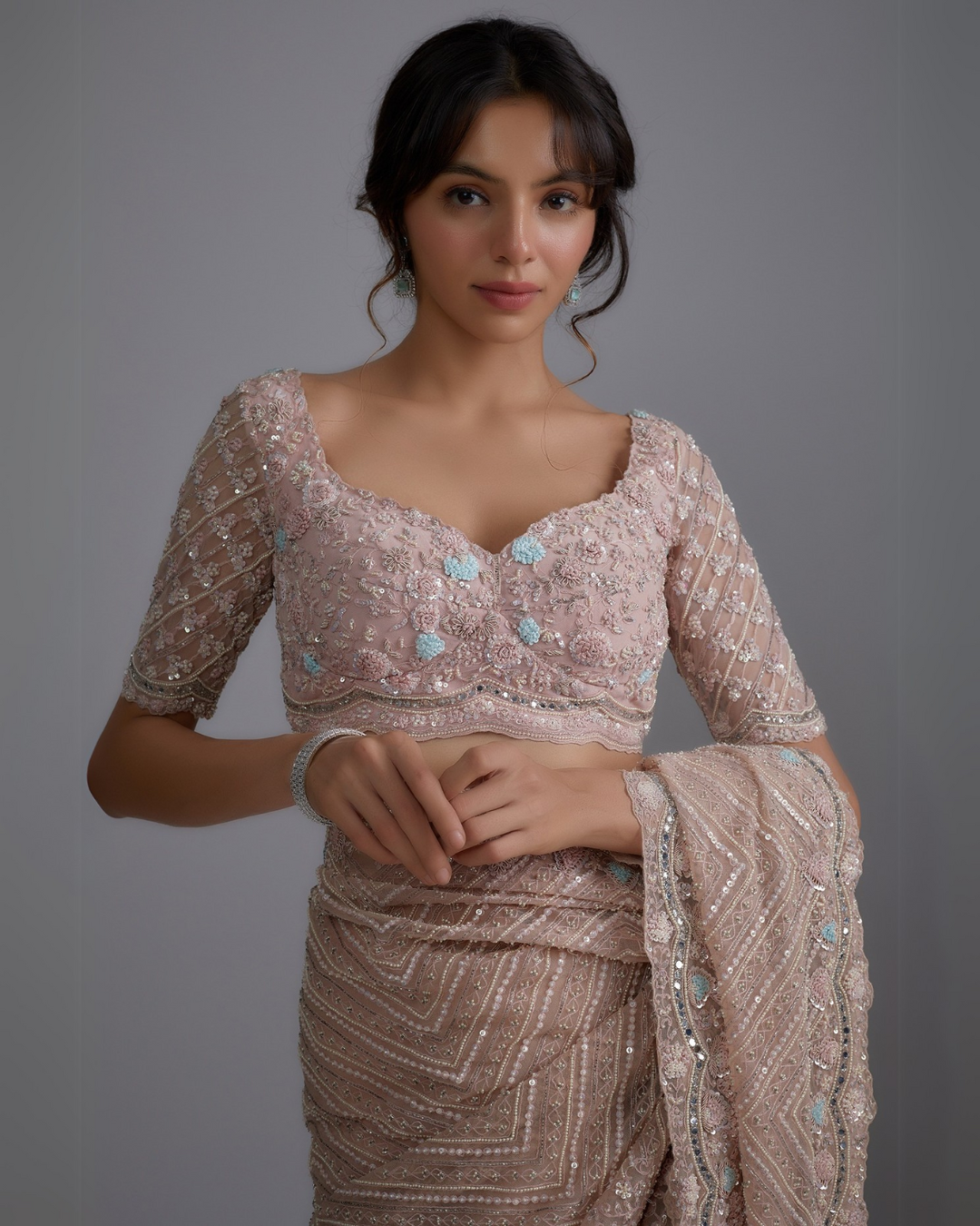 Pink Tulle Embellished Saree