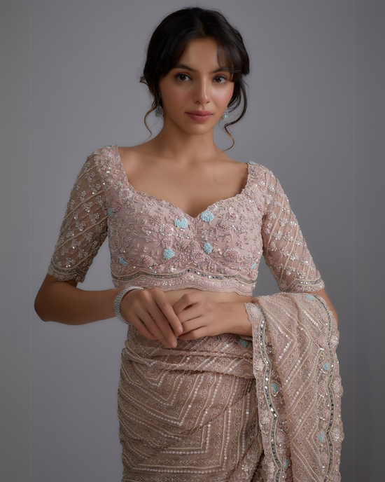 Pink Tulle Embellished Saree