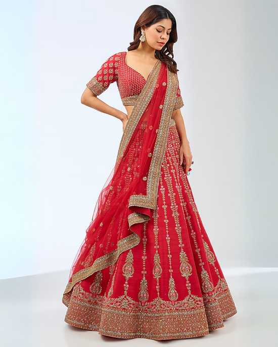 Crimson Allure Raw Silk Zardosi Bridal Lehenga Set