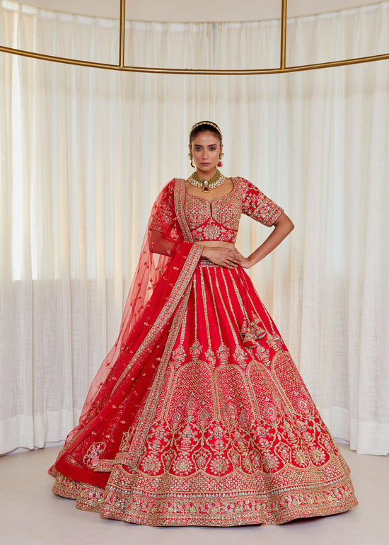 Flame Scarlet Raw Silk Zardosi Bridal Lehenga Set
