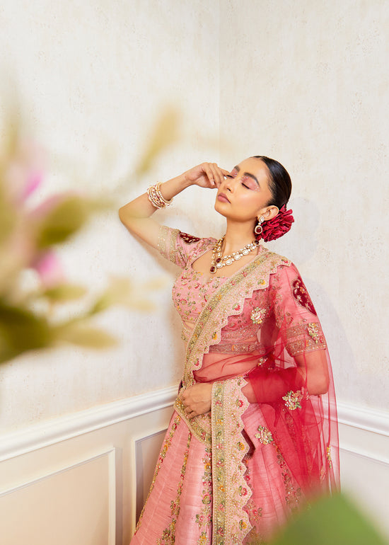 Rosette Charm Raw Silk Zardosi Bridal Lehenga Set