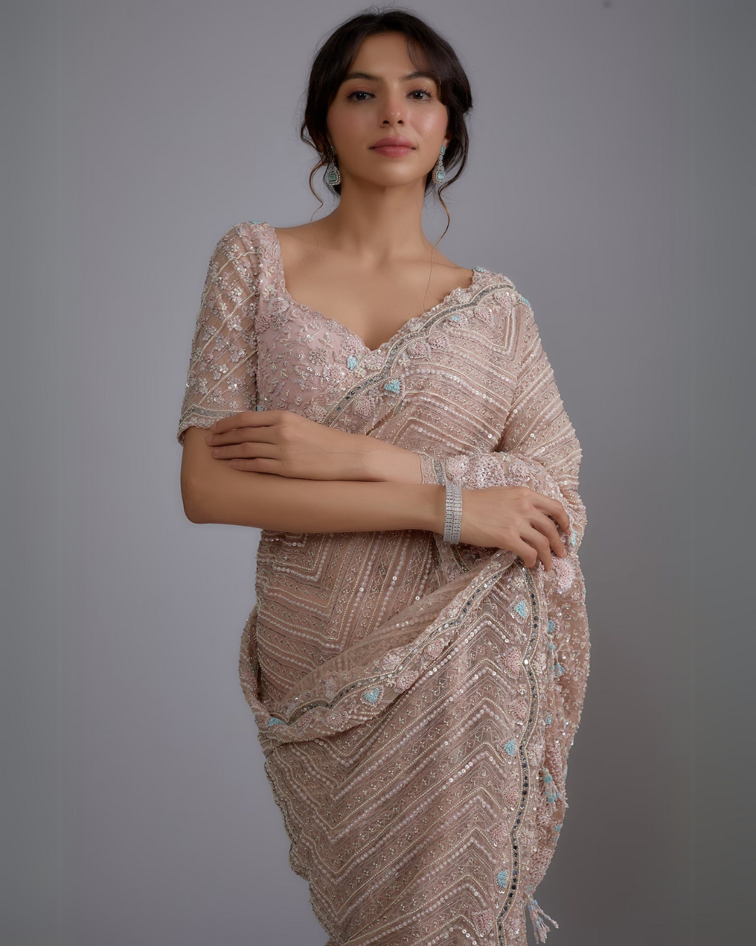 Pink Tulle Embellished Saree