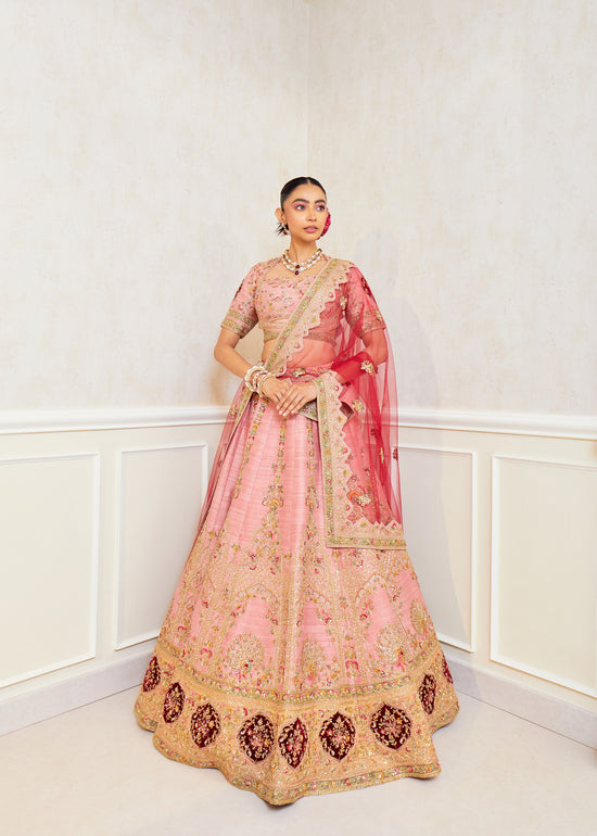Rosette Charm Raw Silk Zardosi Bridal Lehenga Set
