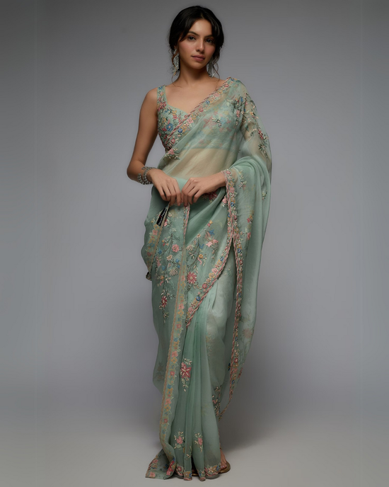 Mint Organza Hand Embroidered Saree