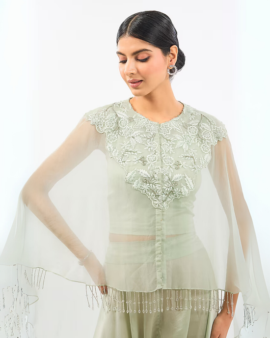 IVORY NECK WORK ORGANZA DHOTI SET