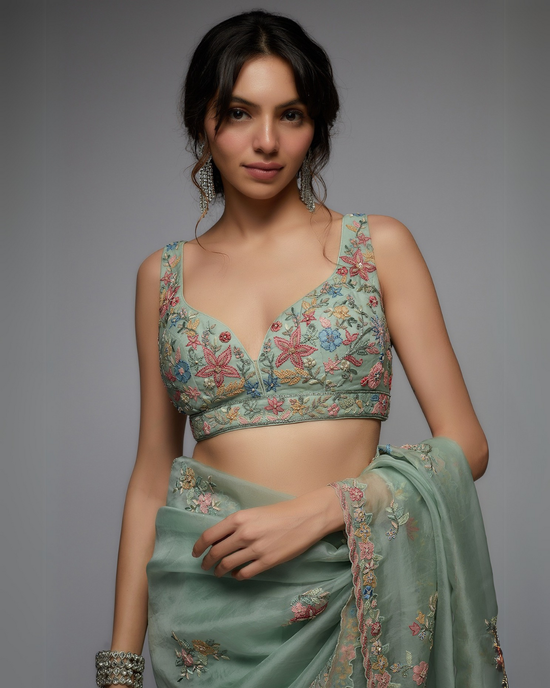 Mint Organza Hand Embroidered Saree