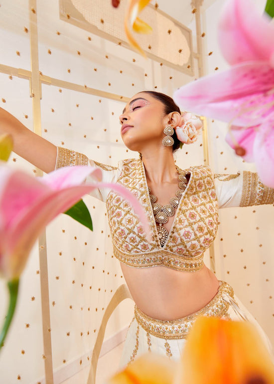 Vanilla Silk Raw Silk Zardosi Bridal Lehenga Set