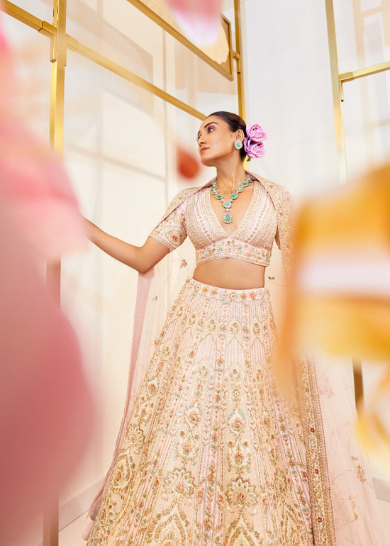 Glamorous Rose Raw Silk Zardosi Bridal Lehenga Set