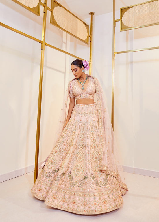 Glamorous Rose Raw Silk Zardosi Bridal Lehenga Set