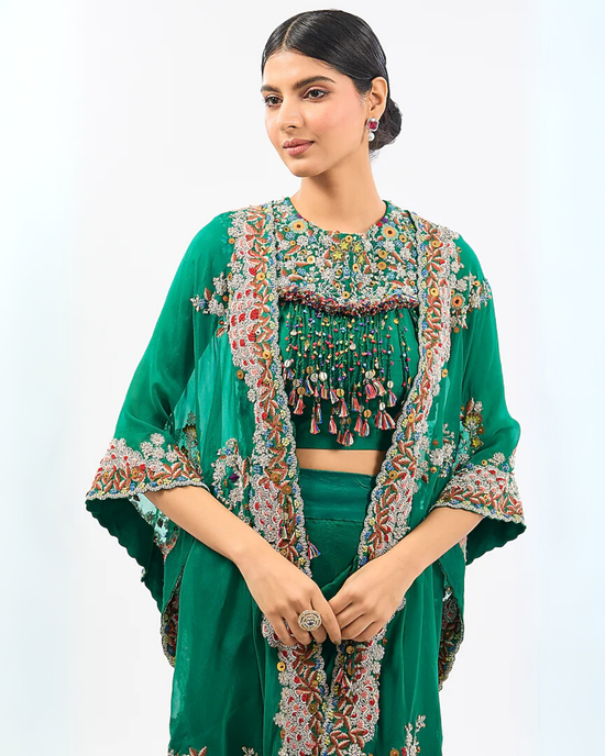 GREEN DRAPE SKIRT CAPE SET