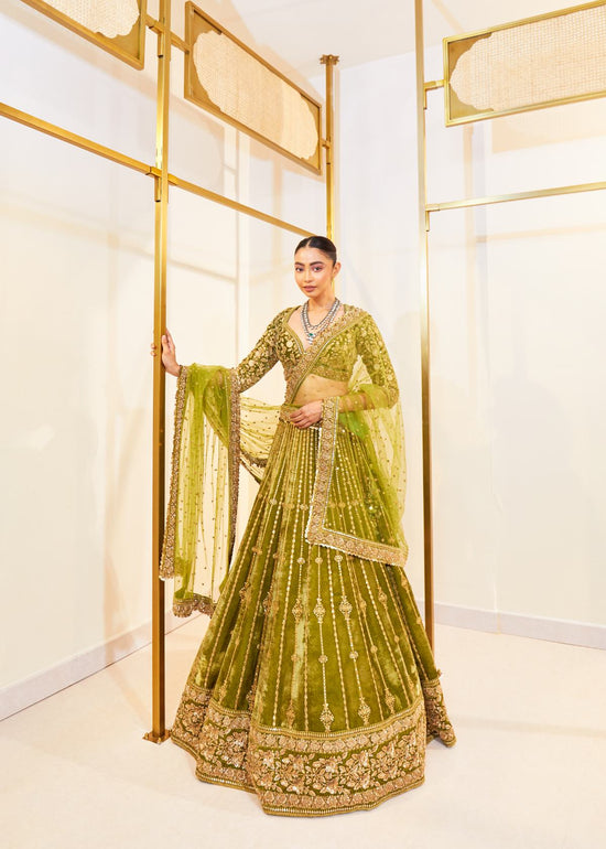 Sage Serenity Velvet Zardosi Bridal Lehenga Set