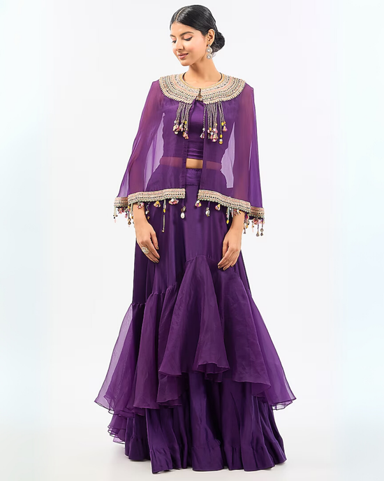 PURPLE CAPE EMBROIDED & SKIRT SET