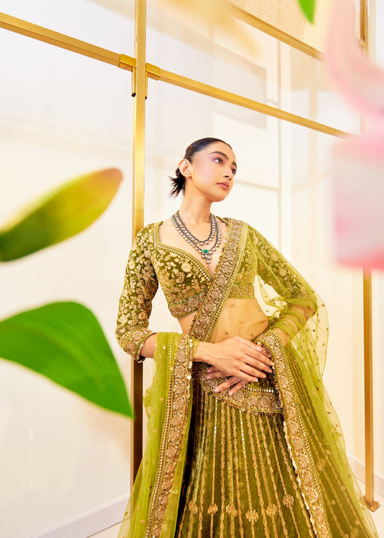 Sage Serenity Velvet Zardosi Bridal Lehenga Set