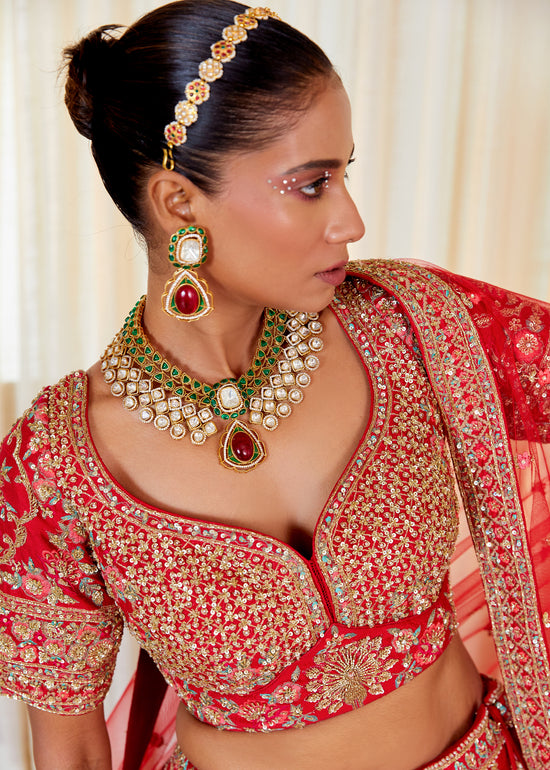 Flame Scarlet Raw Silk Zardosi Bridal Lehenga Set