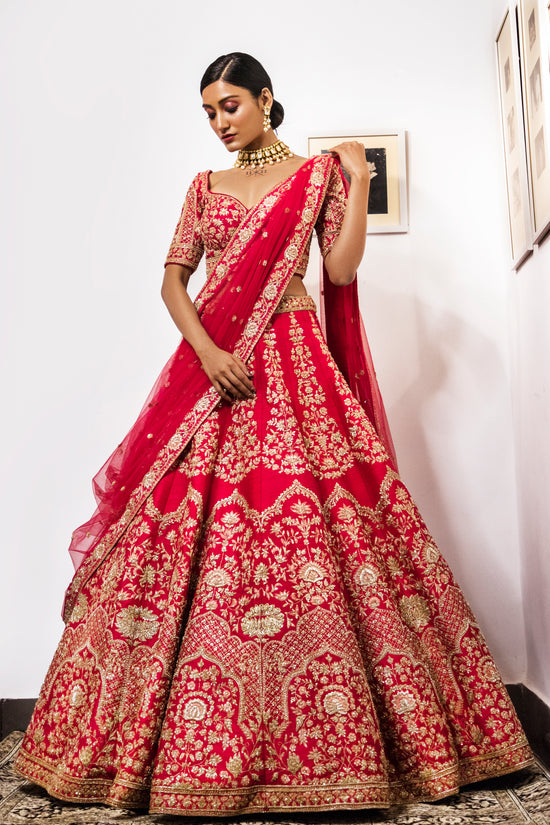 Akriti Scarlet Red saga Designer lehenga set
