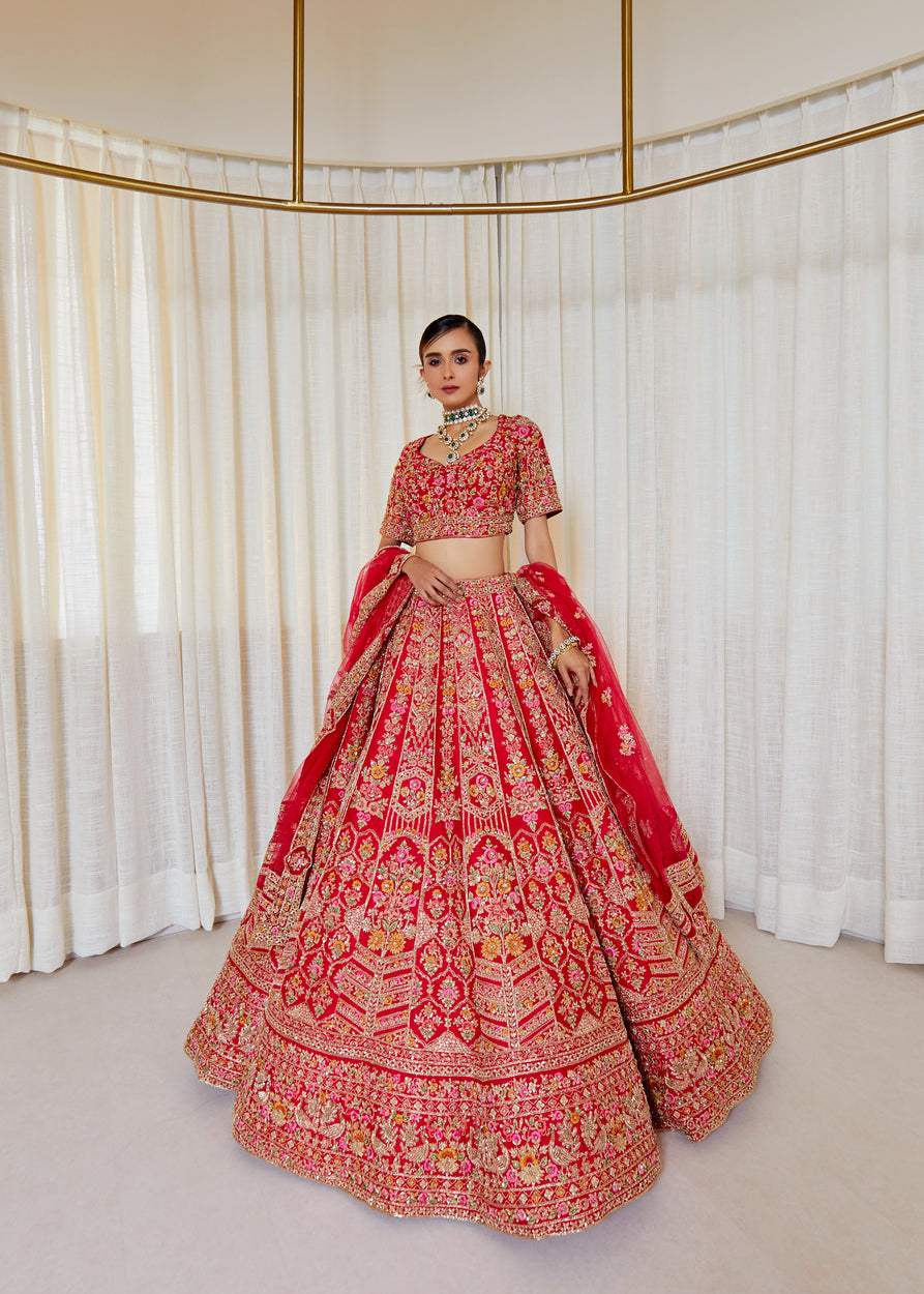 Scarlet Dusk Raw Silk Zardosi Bridal Lehenga Set