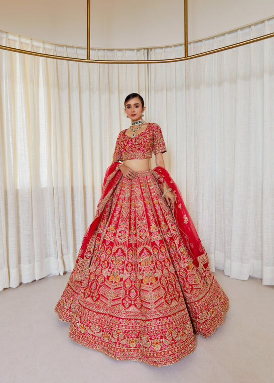 Scarlet Dusk Raw Silk Zardosi Bridal Lehenga Set