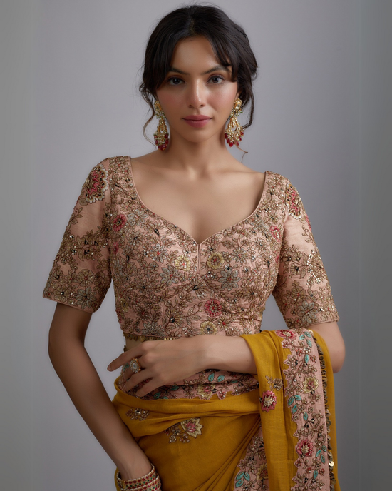 Mustard Tissue Embroidered Draped Saree