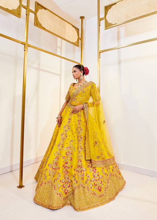 Sunshine Glow Raw Silk Zardosi Bridal Lehenga Set