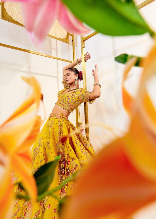 Sunshine Glow Raw Silk Zardosi Bridal Lehenga Set