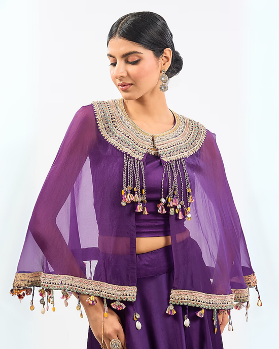 PURPLE CAPE EMBROIDED & SKIRT SET