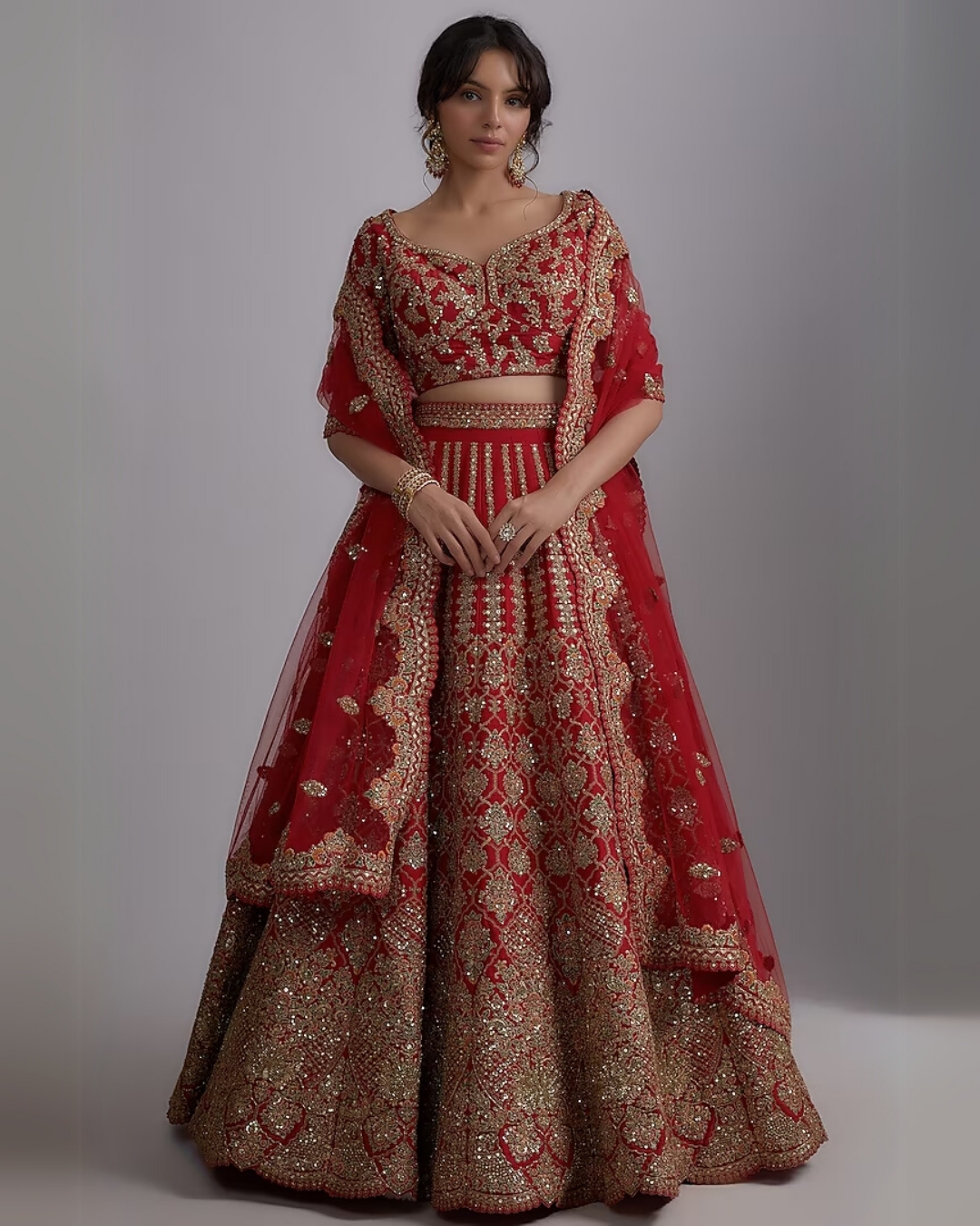 Red Pure Raw Silk Embroidered Lehenga Set